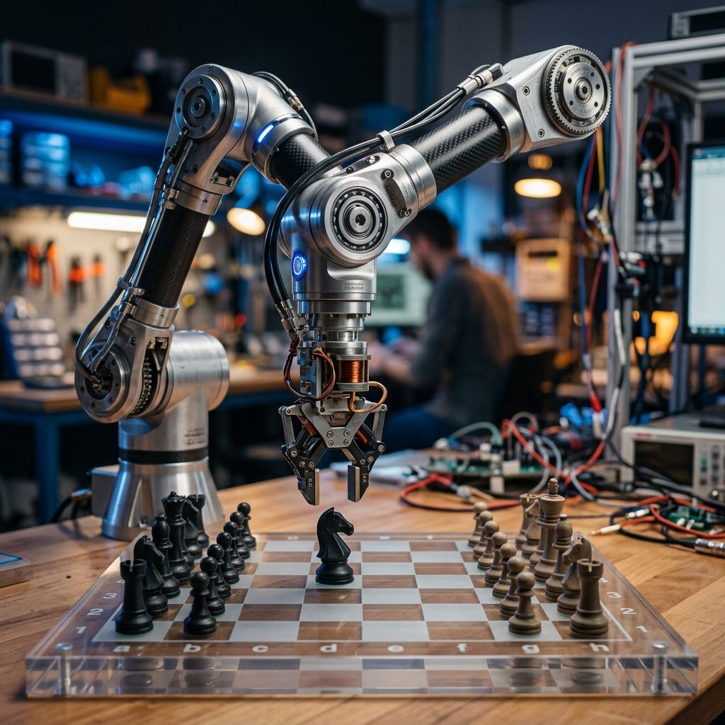 Robotic arm executing a precise chess move on a physical board during an AI robotics competition.