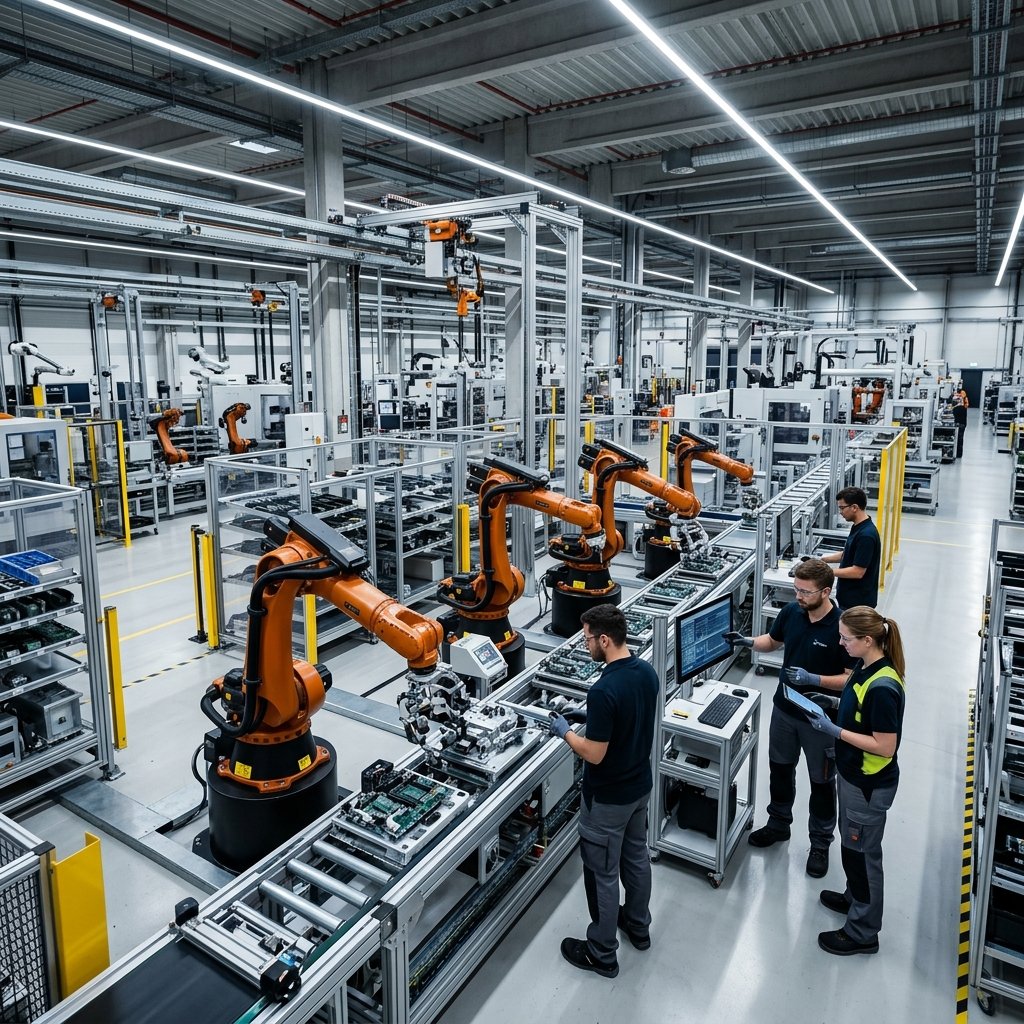 Industrial collaborative robotic arms operating on a modern smart factory floor.