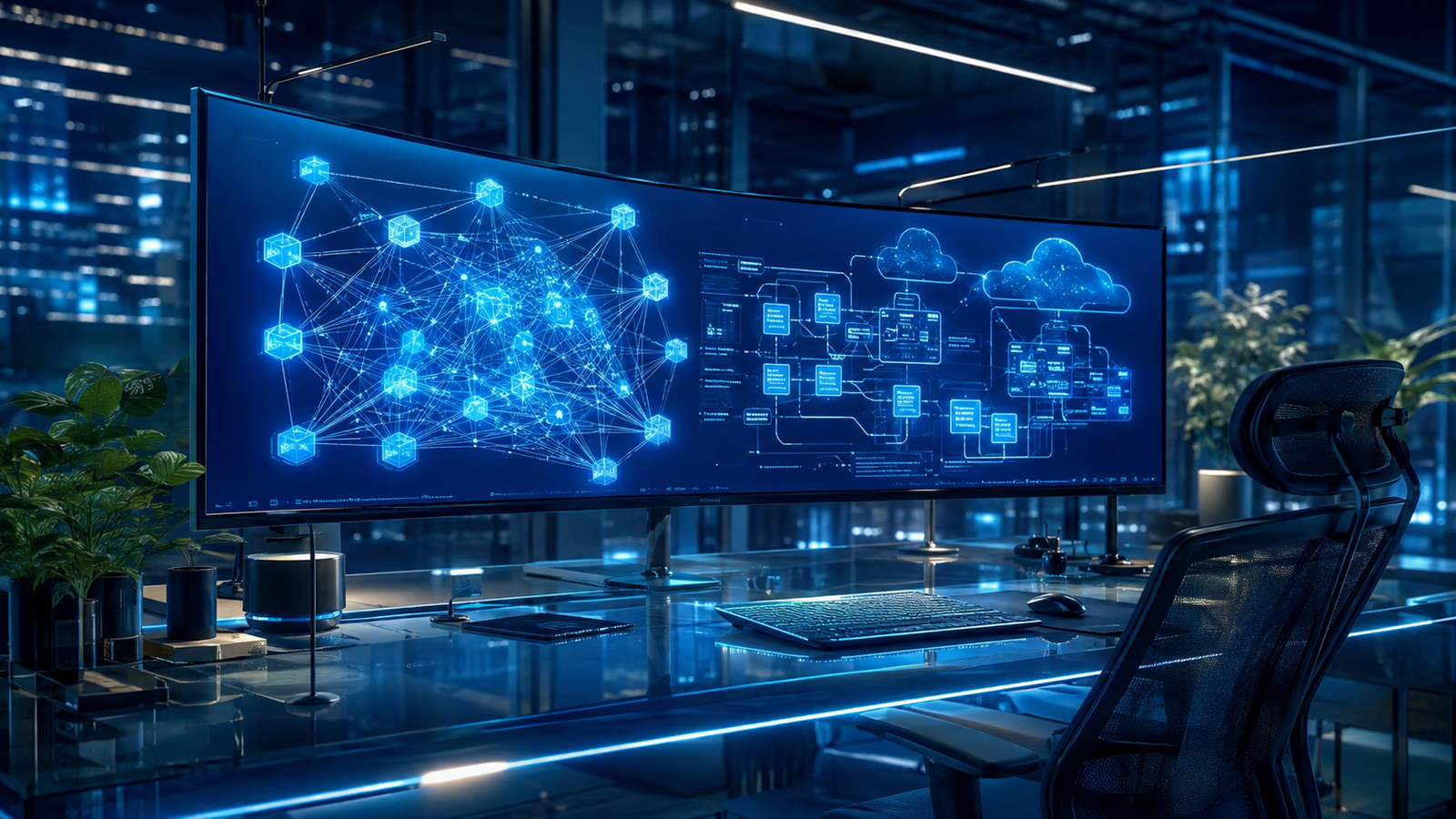 Open-source software ecosystem schematics and neural network architecture on multi-monitor developer setup.