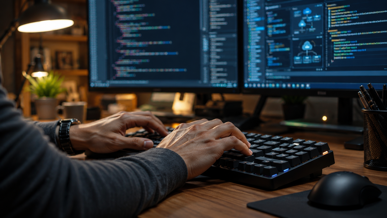 Software architect typing backend integration code on a mechanical keyboard with dual monitors displaying cloud infrastructure visuals in a warm professional workspace.