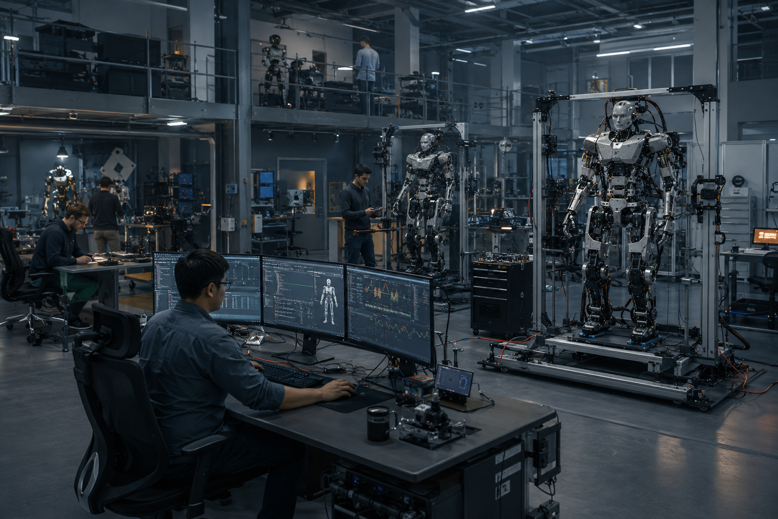Robotics research facility where engineers analyze telemetry data and structural integrity of 
bipedal robots. 