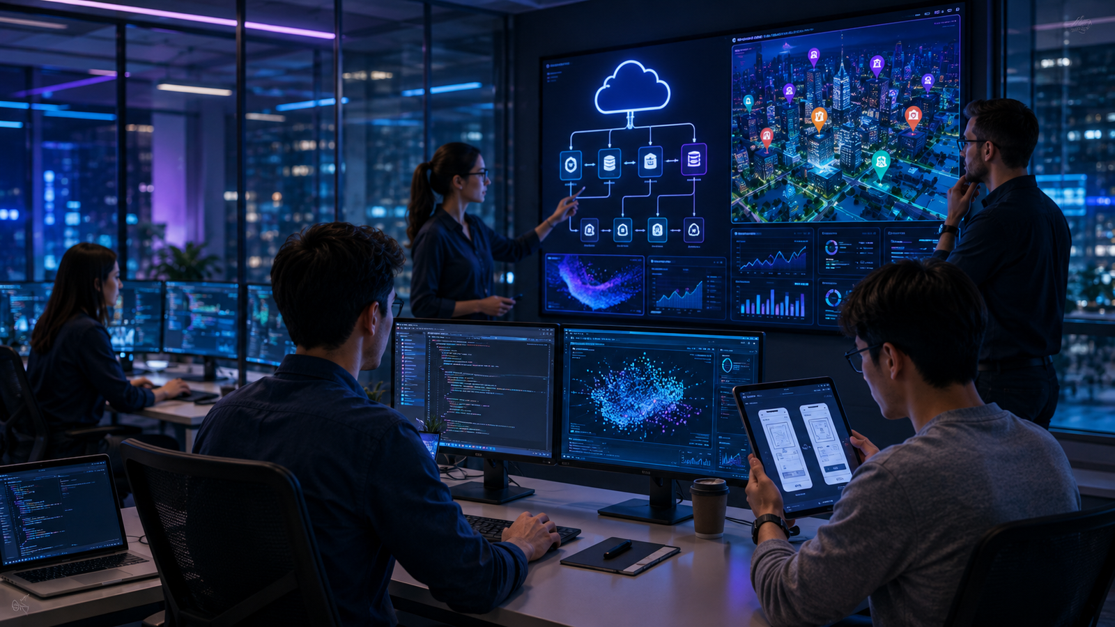 Engineers managing AI app development process for next generation
            mobile applications.